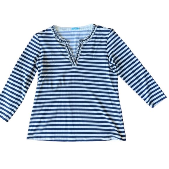 J.McLaughlin Navy & White Striped Tunic Top With Embroidered Trim - Size S - Picture 2 of 7
